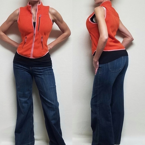 VINTAGE 80s J. Crew Neon Pink Orange Polartec Fleece Full-zip Mock Neck Vest - Picture 1 of 13